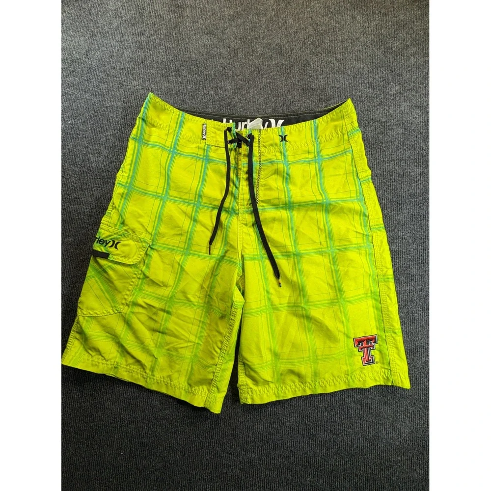 Hurley Texas Tech Red Raiders Board Shorts Mens 33 Neon Lime Green Plaid Cargo